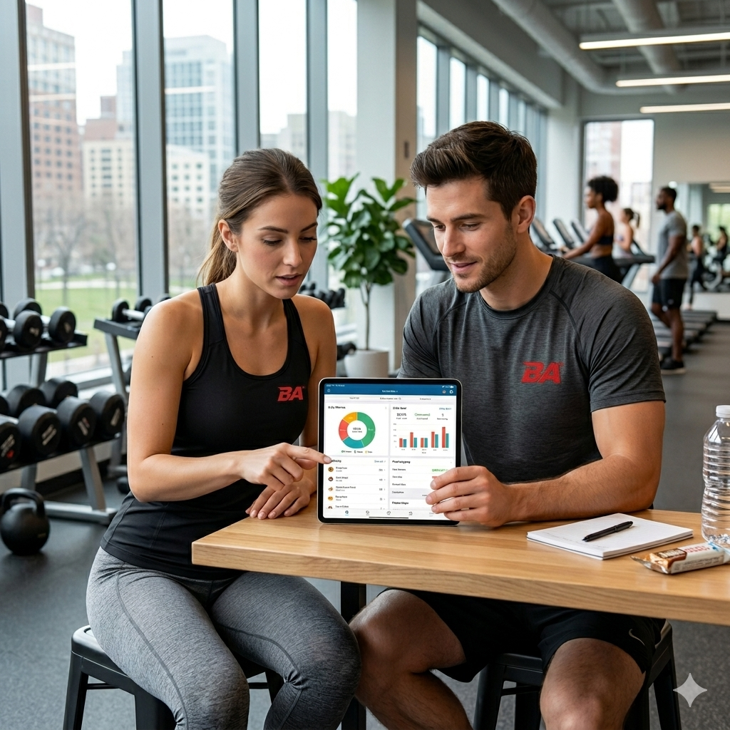 BA nutrition consultation — two trainers reviewing macro tracking app